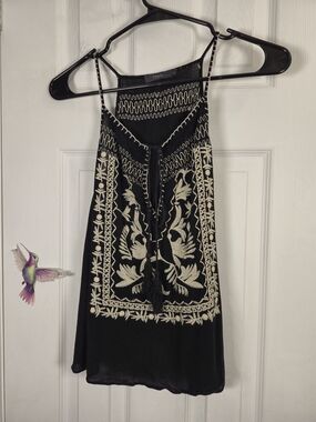 THML Black Embroidered Boho Tassel Halter Tank Top Size Small
